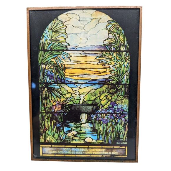 Pair Vintage Pictures Somber CEMETERY ART Prints Tiffany Stained Glass Memorials - Picture 3 of 5